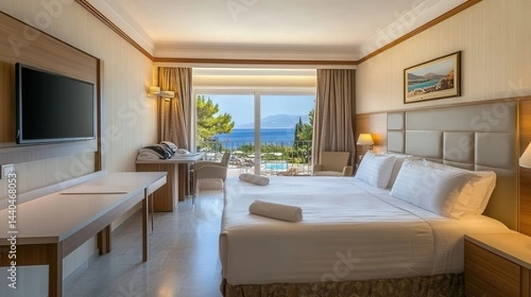 Fototapeta elegance is captured in these modern seaside hotel rooms, where panoramic sea views enhance a luxurious ambiance.