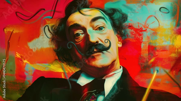 Fototapeta Surreal portrait of man with curled mustache in vibrant melting dream world