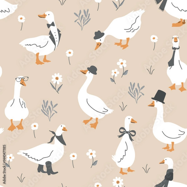 Fototapeta Cute dressed geese seamless pattern. Goose in a hat, tie, scarf, glasses. Funny vector background illustration.