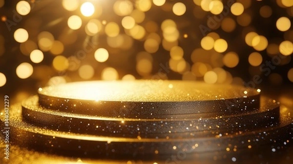 Fototapeta With a gold background shining brightly, the podium is highlighted by soft, blurred bokeh lights that add depth and a sense of luxury to the composition.