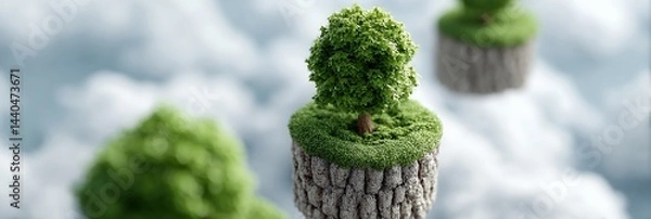 Fototapeta A small tree grows atop a floating grassy island above the clouds, creating a surreal, dreamlike landscape.