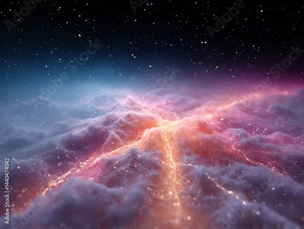Obraz A glowing, cosmic landscape with vibrant colors resembling a nebula or an abstract universe, filled with sparkling stars and ethereal clouds.