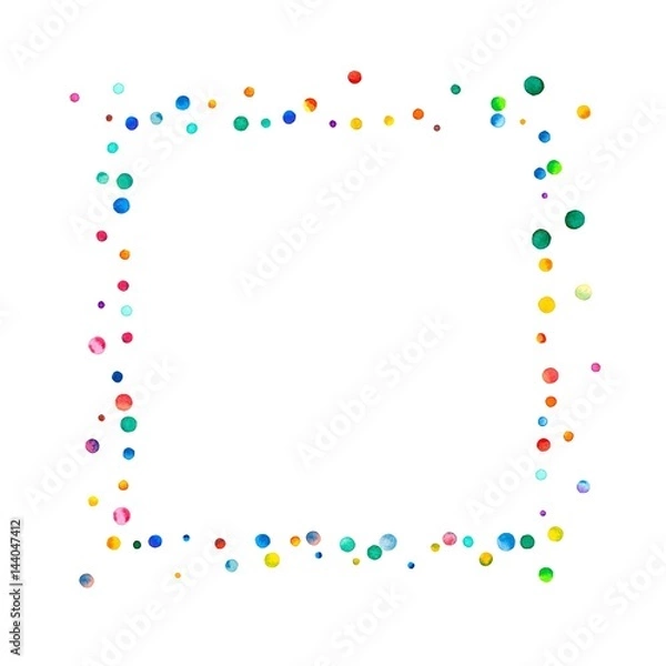 Fototapeta Dense watercolor confetti on white background. Rainbow colored watercolor confetti square abstract border. Colorful hand painted illustration.
