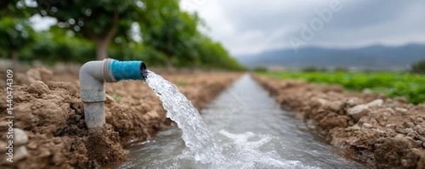 Obraz Water flows from a pipe irrigating a field, supporting crops and agriculture with a backdrop of trees and mountains.