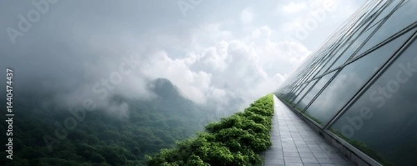 Obraz under 200 characters: A modern glass building stands beside a lush green forest, merging architecture with nature amid a misty, cloud-filled atmosphere.