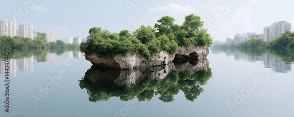 Obraz A small, tree-covered island floats on calm water, reflecting the greenery and nearby city buildings in the distance.