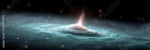 Fototapeta A glowing cosmic swirl with a bright central light emerges from a cloud of dust and stars in deep space.