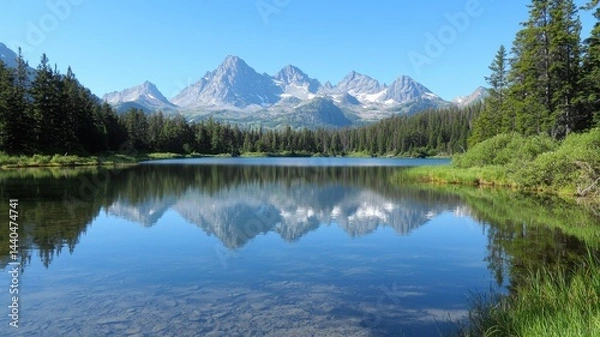 Fototapeta Mindful living with wellness and minimalism concept. Serene mountain lake with reflections and lush greenery.