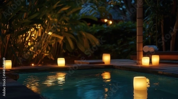 Fototapeta candles illuminating the pool area, the space transforms into a private oasis filled with magic and calm