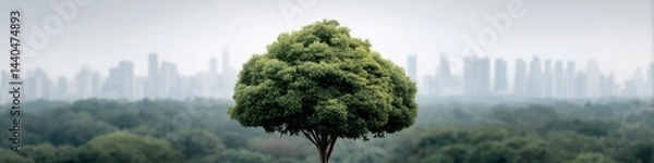 Fototapeta A single tree stands prominently in front of a dense forest with a city skyline fading into the background.