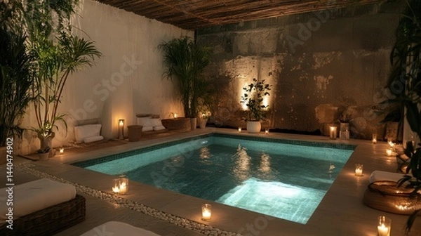 Fototapeta candles illuminating the pool area, the space transforms into a private oasis filled with magic and calm