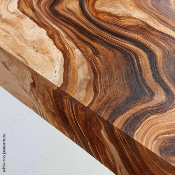 Fototapeta Smooth polished teak slab with swirling dark veins creating warm natural wood texture