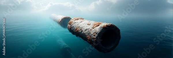 Obraz A large, weathered pipeline extends across the calm ocean, partially submerged under a cloudy sky.