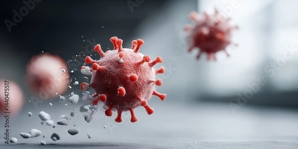 Obraz A close-up 3D illustration of a red virus particle disintegrating, symbolizing viral destruction or medical intervention.