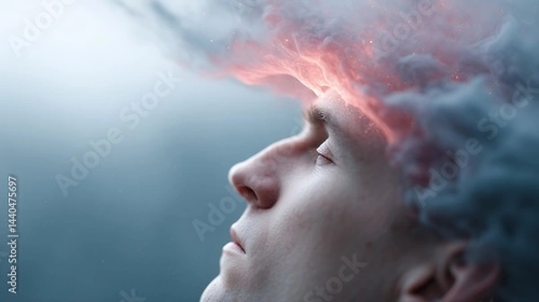 Fototapeta A surreal image of a man"s head blending into clouds and light, symbolizing imagination, creativity, or visionary thinking.