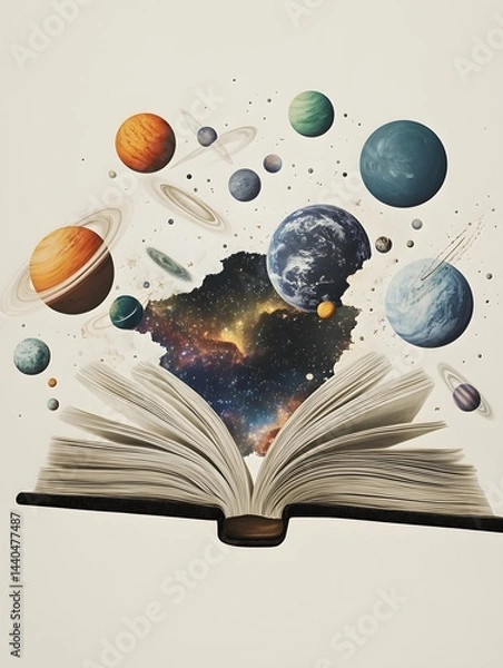 Obraz Book is opened to a page with a colorful illustration of planets and stars. The photo is of a book with a galaxy in the middle, and the planets and stars are scattered around it