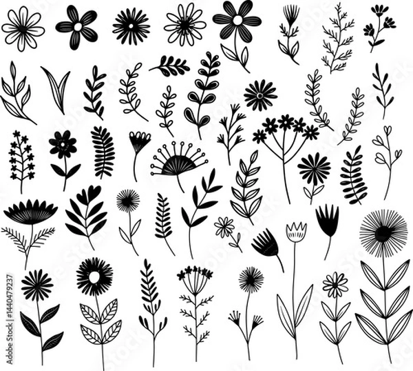 Obraz Set of hand drawn leaves, branches, flowers, flourishes. Design element for banner, sign, poster, decoration. Vector illustration