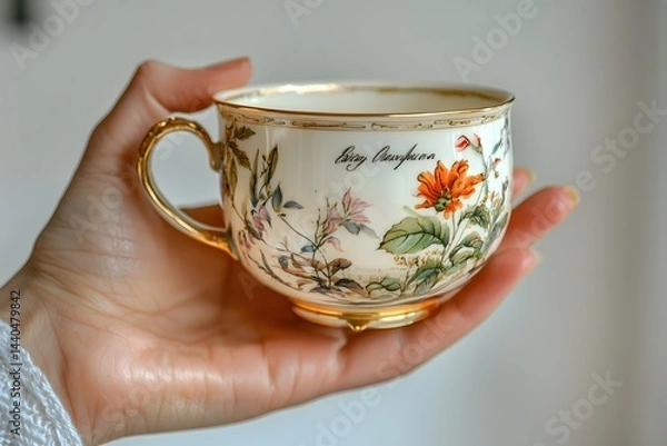 Fototapeta Hand is holding a cup with a floral design on it. The cup is white and gold, and it has a flower on the side. The cup is likely a decorative piece or a collectible item