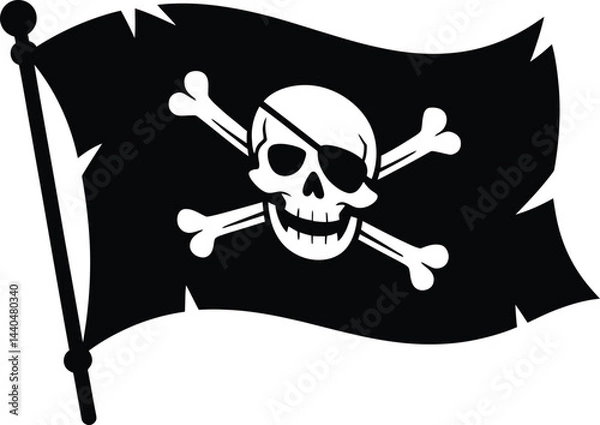 Fototapeta Jolly roger pirate flag with skull and crossbones black and white symbol design