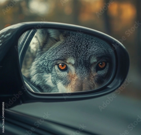 Fototapeta A wolf’s gaze in the rearview mirror
