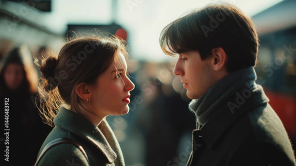 Fototapeta Two young people locking eyes in warm moment outdoors with blurred background and soft light