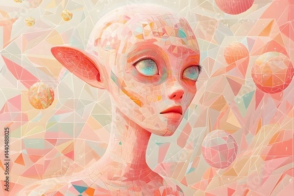 Fototapeta Woman with a face made of triangles and circles. The woman is wearing a pink outfit. The image is a piece of art