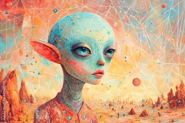 Fototapeta Girl with blue eyes and a blue face is looking at the camera. She is surrounded by a desert landscape with a few rocks and a few small planets
