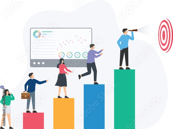 Fototapeta Business team climbing growing bar graph and reaching target objective, looking for new opportunities and analyzing financial strategy with charts

