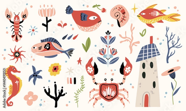 Fototapeta Folk hygge ocean clip arts, hand drawn vector set in Scandinavian Nordic style, isolated on white. Collection of classic ethnic elements. The scandi folk motifs - fishes, flowers, and sea animals set