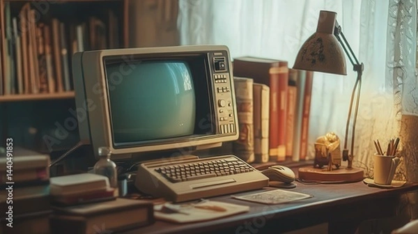 Fototapeta retro computer desk with a clunky monitor, beige keyboard, and a mouse with a cable coiled around, alongside classic accessories like a desk lamp and old books