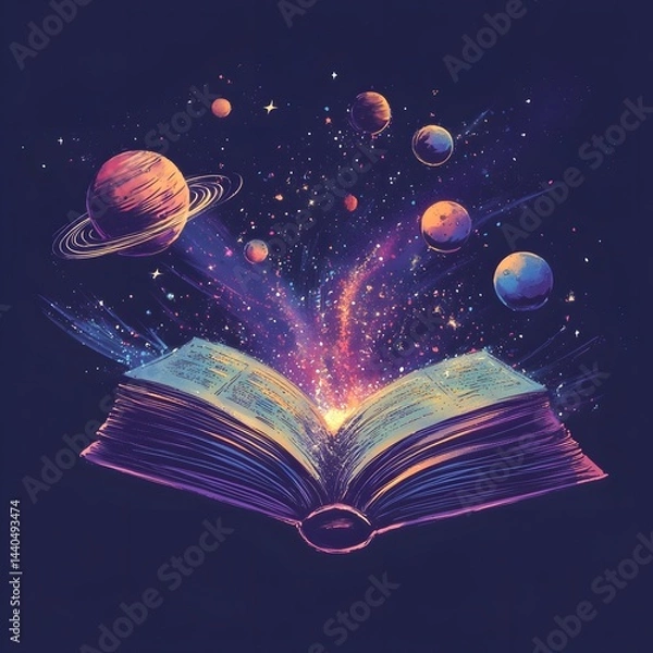 Fototapeta Book is open to a page with a colorful illustration of planets and stars. The book appears to be a children's book, as the photo is whimsical and imaginative. Scene is playful and imaginative