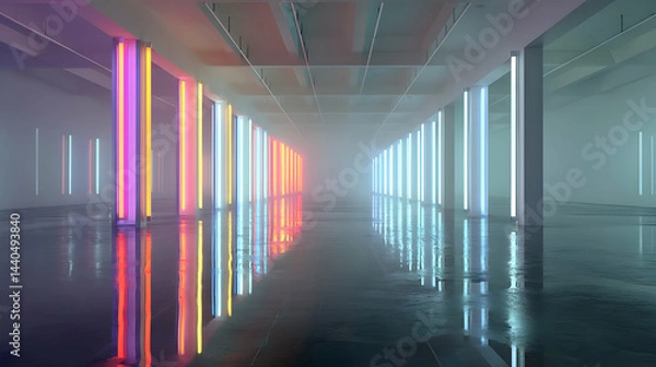 Fototapeta Illuminated corridor with colorful vertical lights and reflections creates mesmerizing symmetry