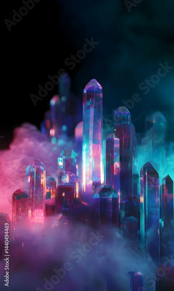 Fototapeta Luminous crystal formations shrouded in ethereal mist radiating a captivating iridescent glow effect