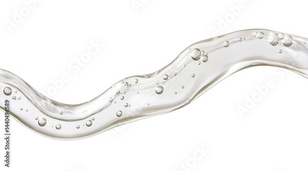 Fototapeta Golden fluid flow, transparent liquid movement with bubbles, flowing substance motion, cosmetic gel or oil wave effect. on a transparent background, PNG image, PNG file.
