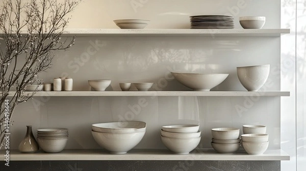 Fototapeta luxury ceramics, arranged on shelves to create a serene and elegant atmosphere in a stylish, contemporary setting