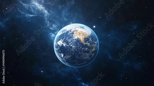 Fototapeta A blue and white planet in the middle of a dark sky