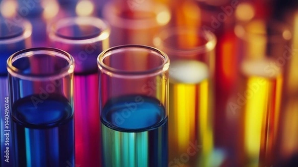 Fototapeta A row of colorful glass beakers filled with different colored liquids