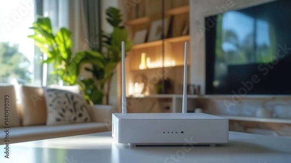 Fototapeta The Wi-Fi router is placed on a modern table, delivering high-speed internet throughout the room while blending seamlessly into the minimalist decor.