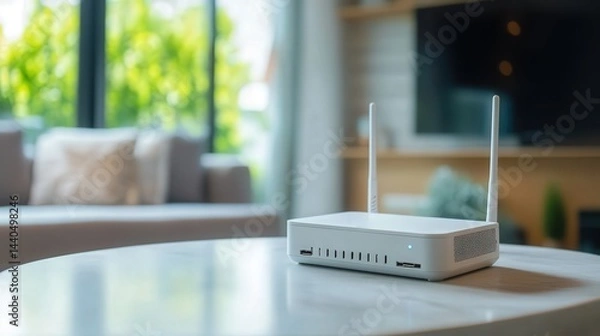 Fototapeta The Wi-Fi router on a clean, modern table fills the room with strong internet signals, keeping everyone connected to the world online.