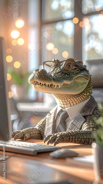 Fototapeta The animal crocodile is dressed in a suit and glasses, sits in an office and works at a computer