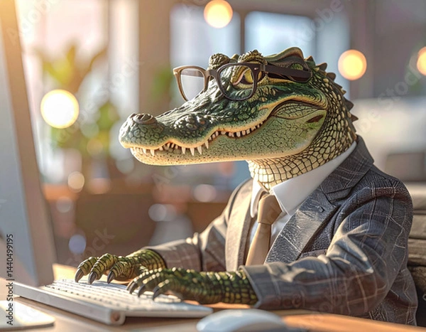 Fototapeta The animal crocodile is dressed in a suit and glasses, sits in an office and works at a computer