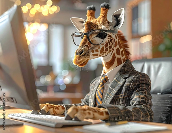 Fototapeta The animal giraffe is dressed in a suit and glasses, sits in an office and works at a computer