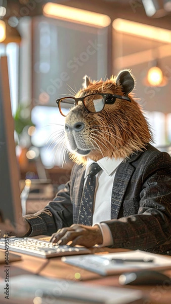 Fototapeta The animal capybara is dressed in a suit and glasses, sits in an office and works at a computer