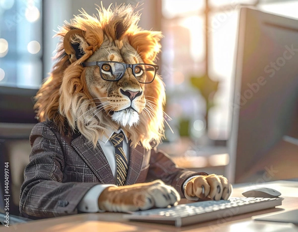 Fototapeta The animal lion is dressed in a suit and glasses, sits in an office and works at a computer