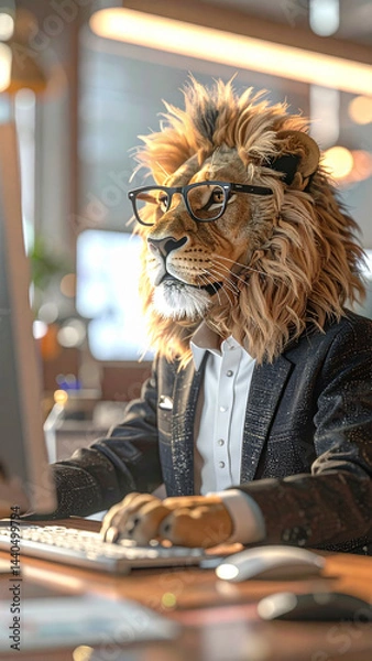 Fototapeta The animal lion is dressed in a suit and glasses, sits in an office and works at a computer