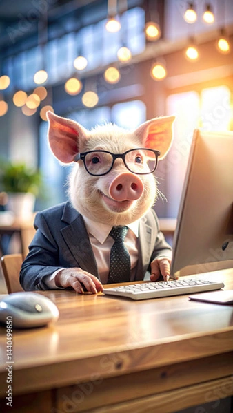Fototapeta The animal pig is dressed in a suit and glasses, sits in an office and works at a computer