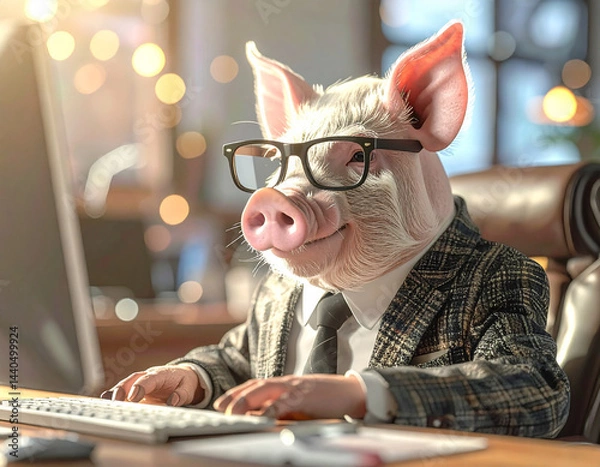 Fototapeta The animal pig is dressed in a suit and glasses, sits in an office and works at a computer