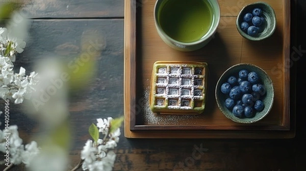 Obraz tea and waffles setup featuring green tea and waffles garnished with blueberries and powdered sugar