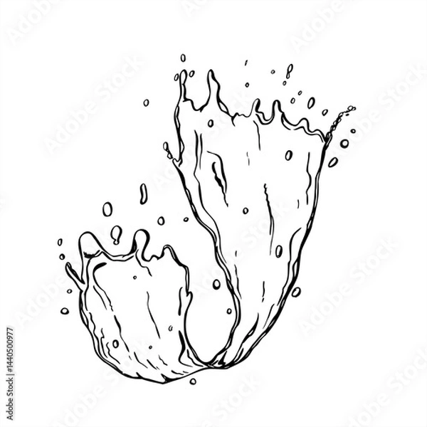 Obraz Vector monochrome pure water splash with drops black and white drawing. Flowing water wave texture with bubbles graphic sketch for beverage branding, skincare packaging, summer freshness design