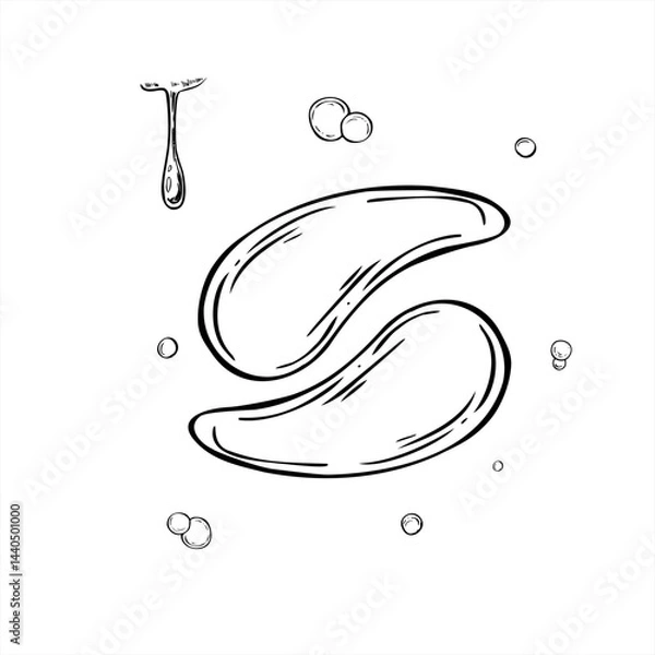 Obraz Vector monochrome beauty hydrogel patches under eyes with gel texture line art black ink sketch. Lifting and moisturizing face mask with water bubbles set illustration. Clip art for cosmetic product